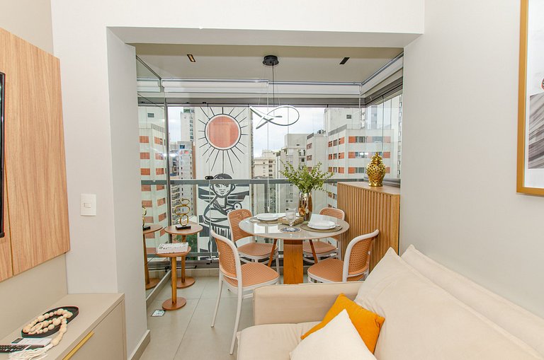 Belo apto C/1 dorm, vaga, cama queen e piscina.