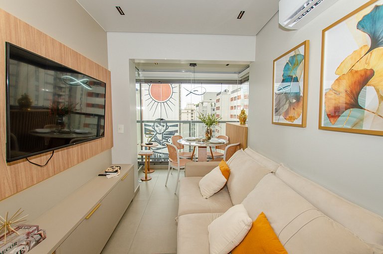 Belo apto C/1 dorm, vaga, cama queen e piscina.