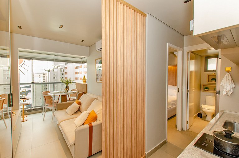 Belo apto C/1 dorm, vaga, cama queen e piscina.